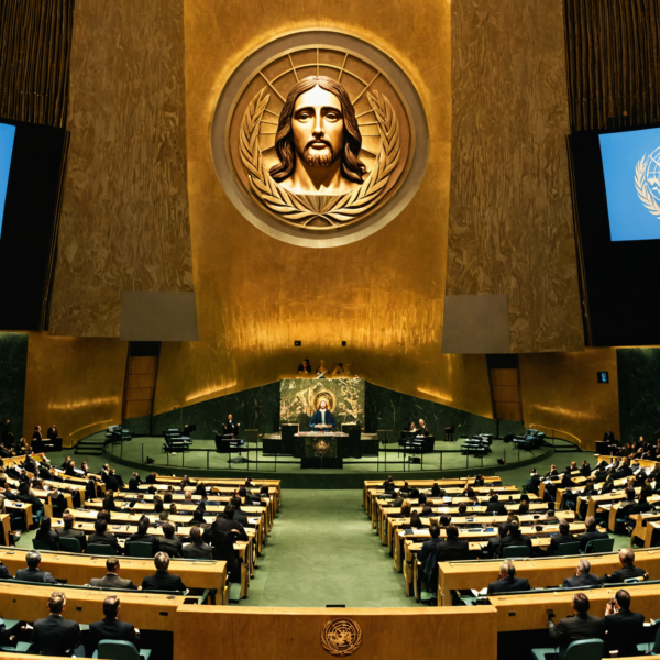 Jesus Christ giving a speech at the UN headquarters.