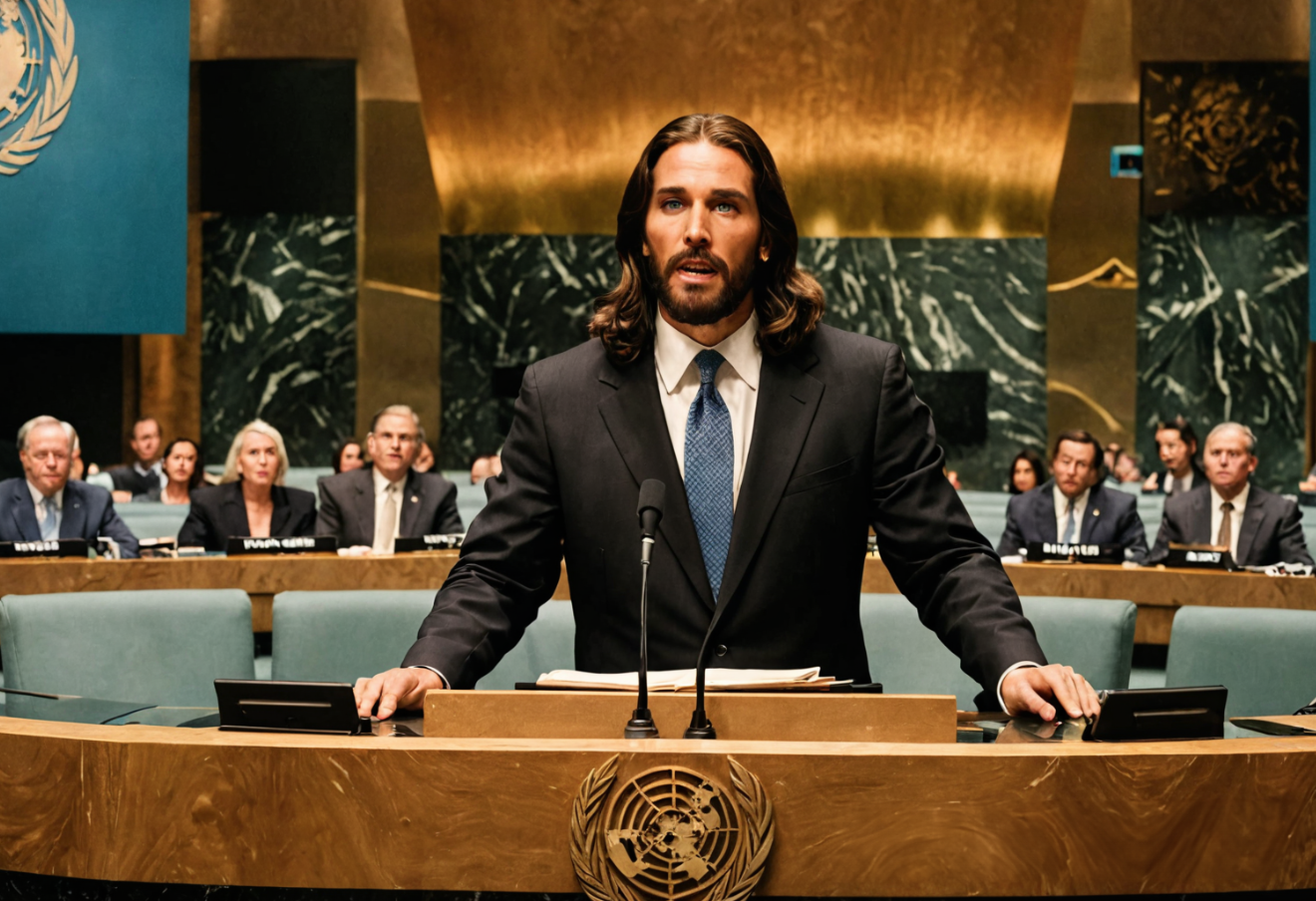 Jesus giving a speech at the United Nations.