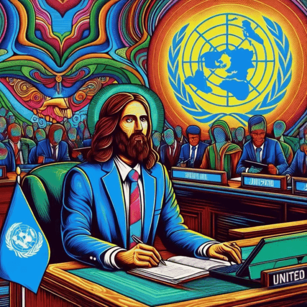 1th artwork of Jesus working at the UN (GIF).